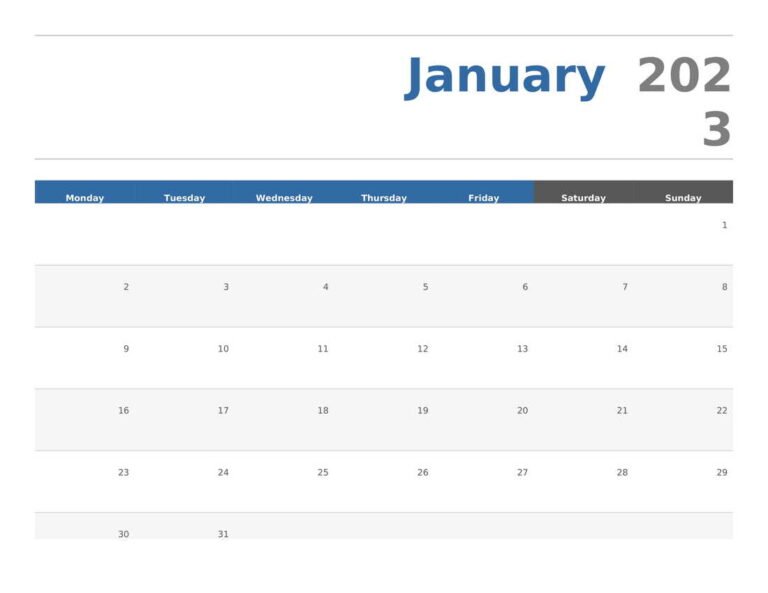 Horizontal calendar Monday start Template In Word (.Docx File Download)