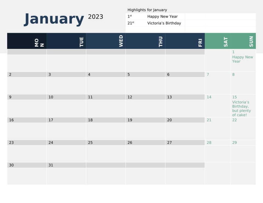 Modern Calendar With Highlights Template In Word (.docx File Download)