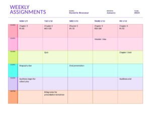 Weekly assignment sheet color landscape Template In Word (.Docx File Download)