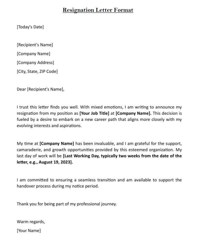 Resignation Letter In English (Download in Word)