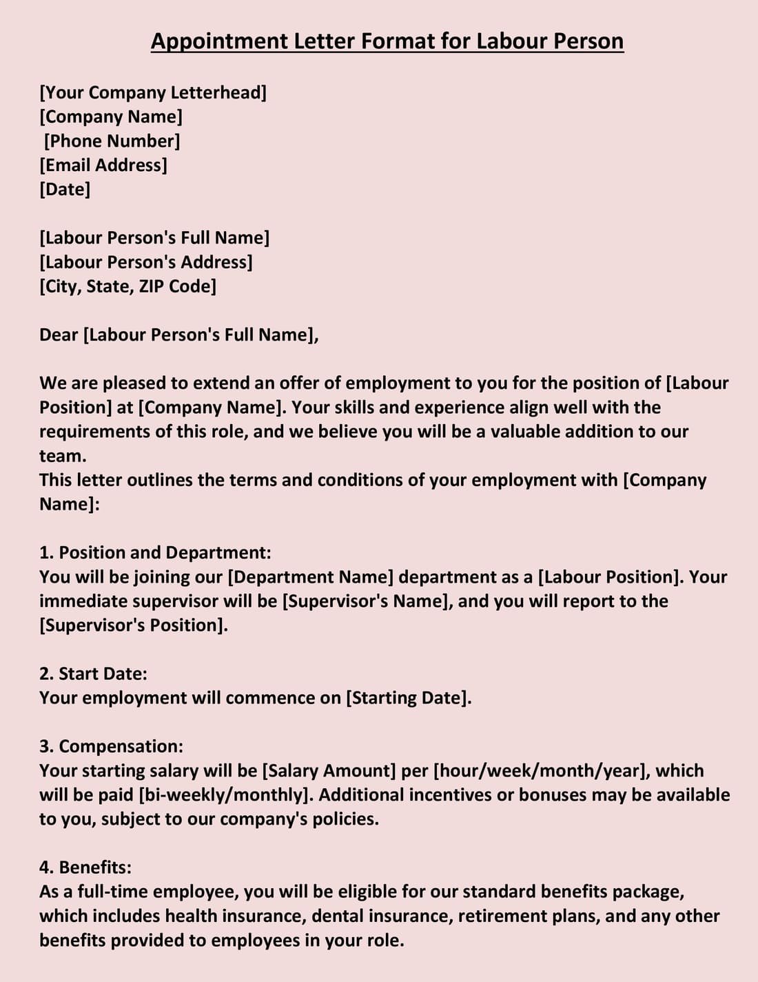 Appointment Letter Format for Labour Person