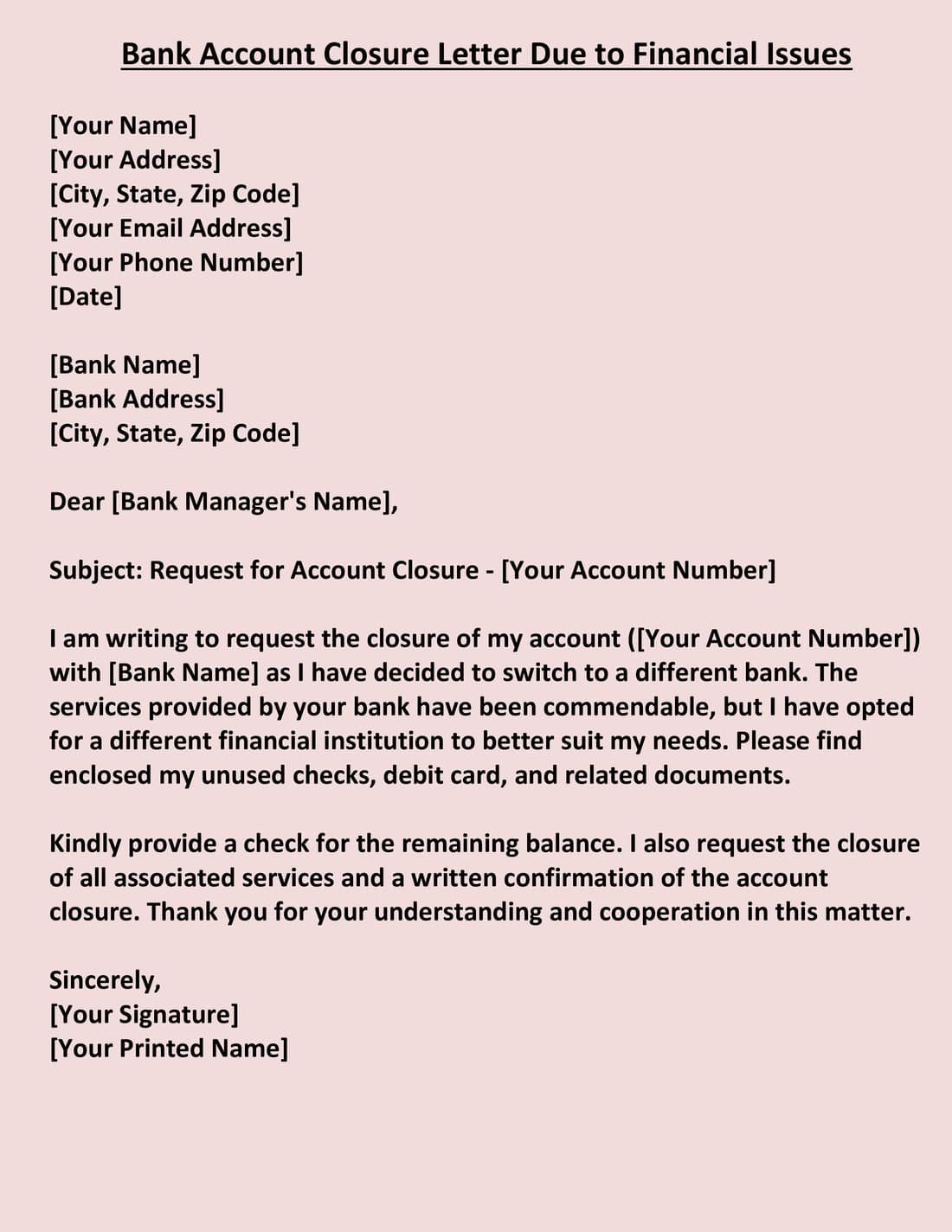 Bank Account Closure Letter Due to Financial Issue