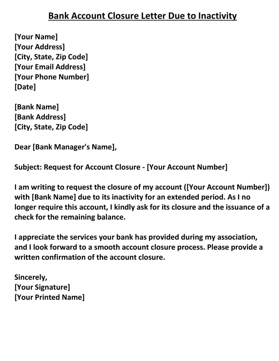 Bank Account Closure Letter Due to Inactivity