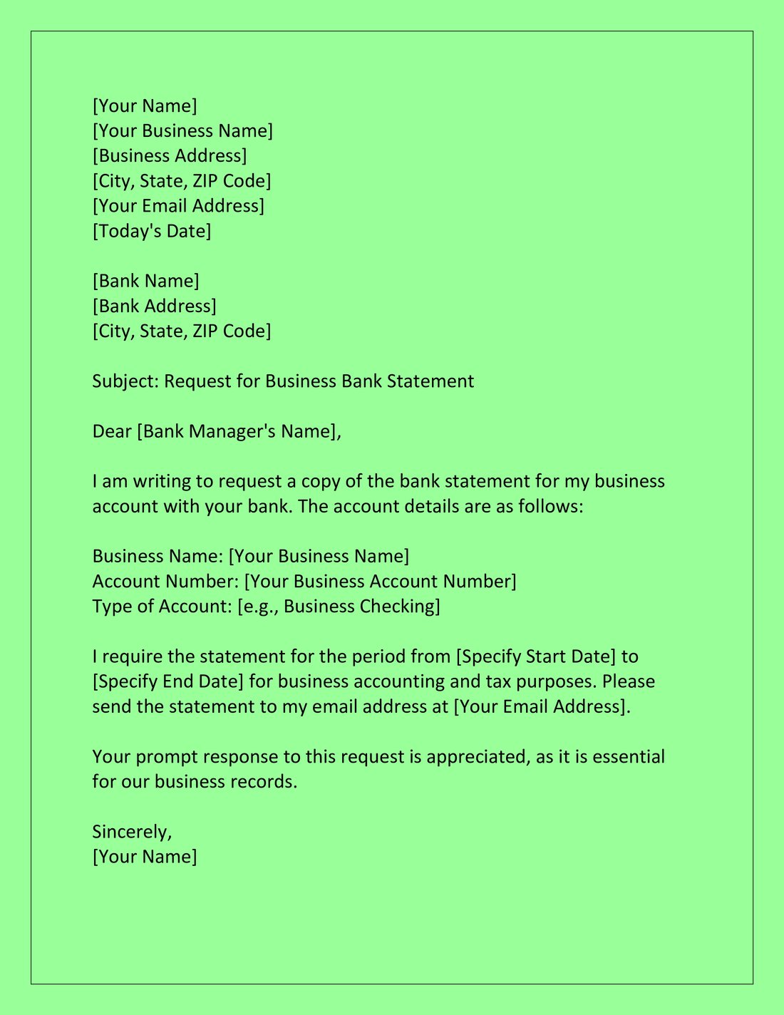 Bank Statement Request Letter for Business Purposes