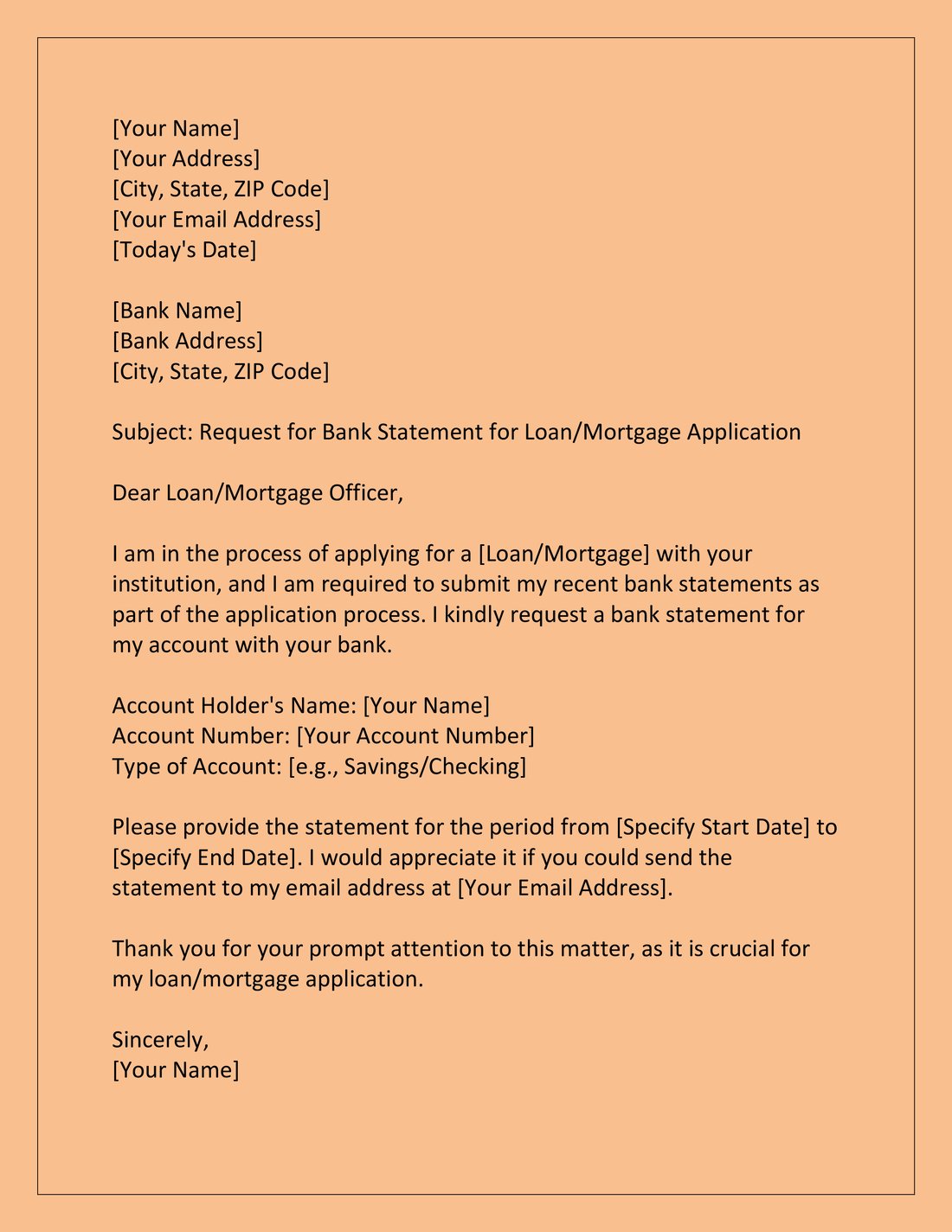 Bank Statement Request Letter for Mortgage or Loan Application