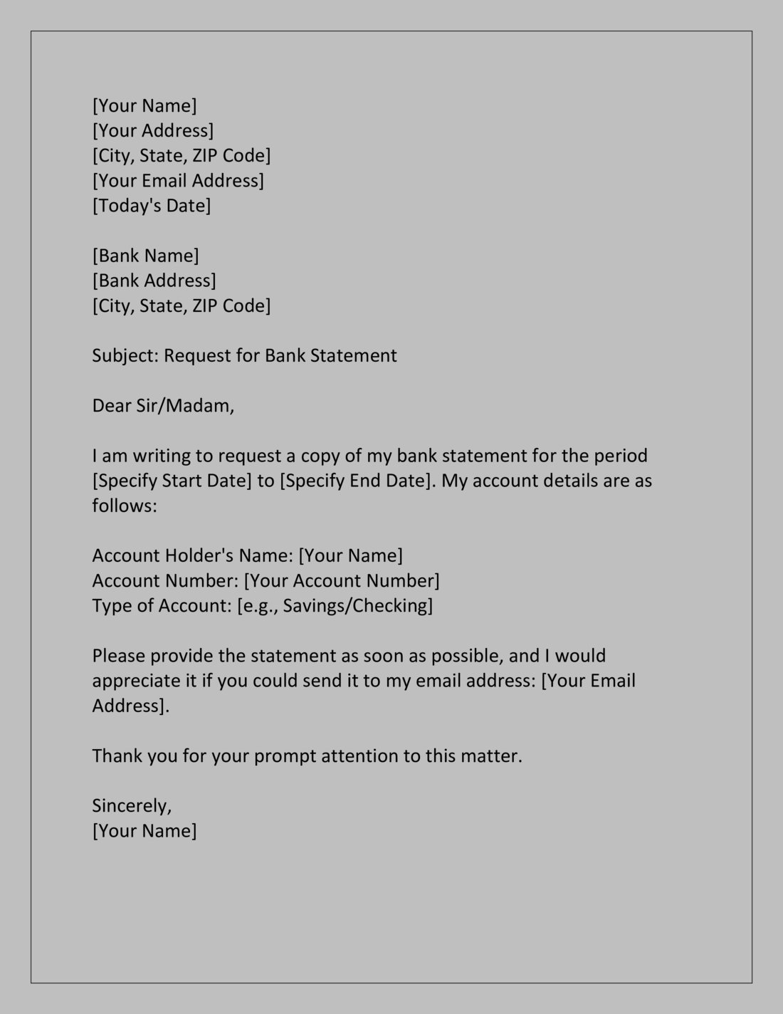 Basic Bank Statement Request Letter