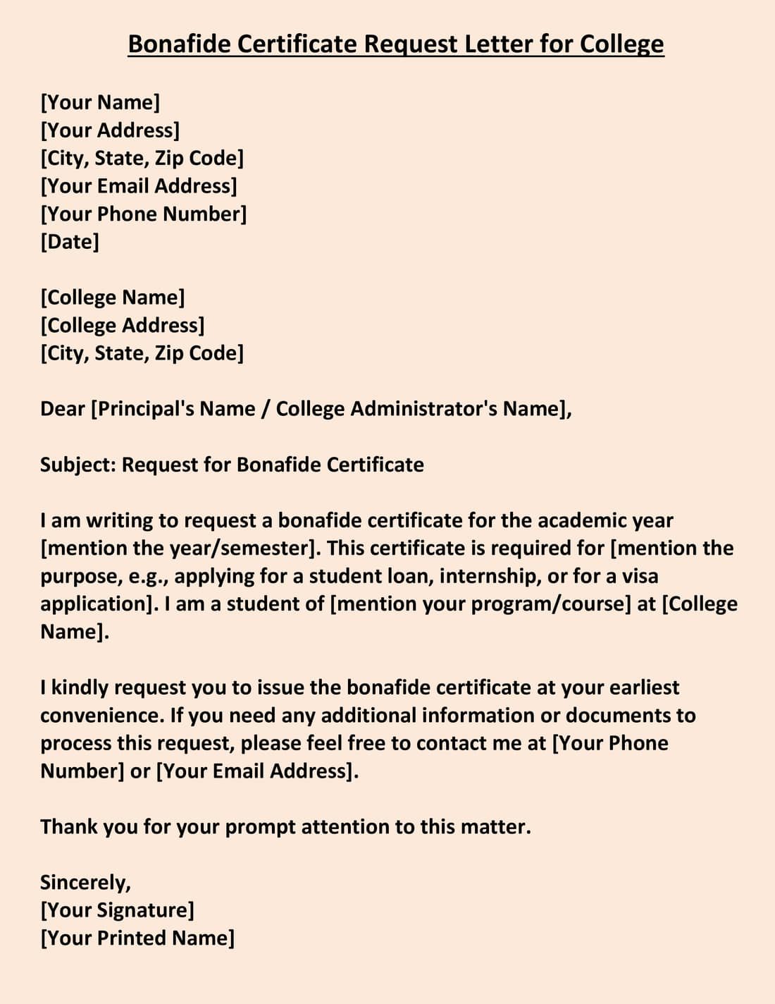 Bonafide Certificate Request Letter for College