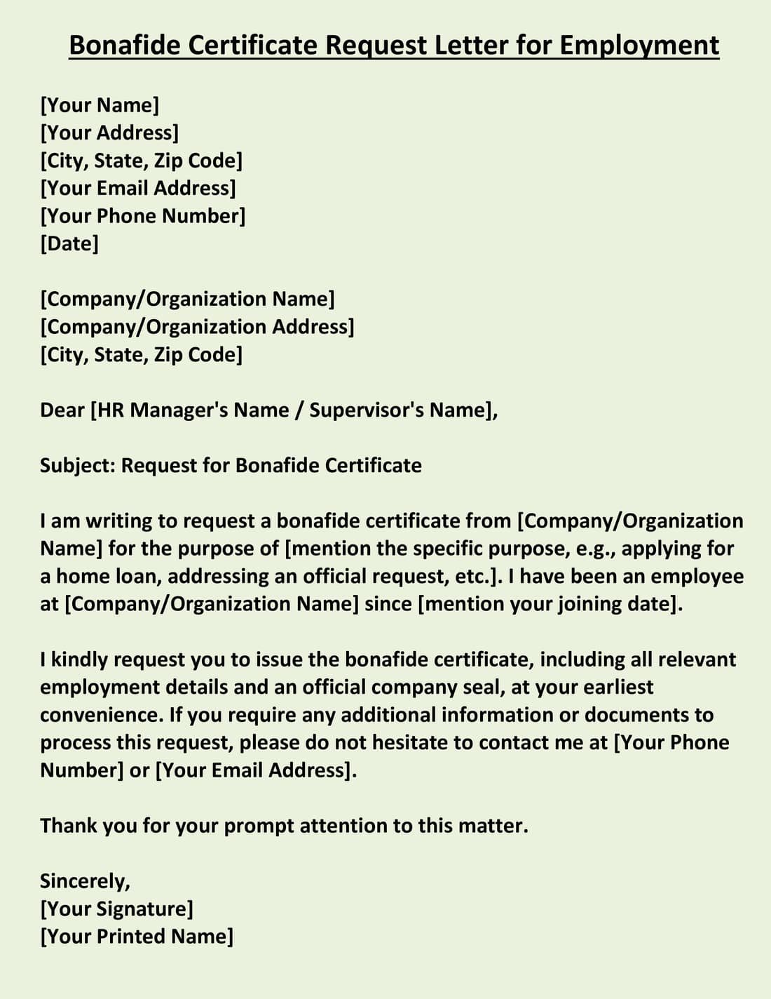Bonafide Certificate Request Letter for Employment