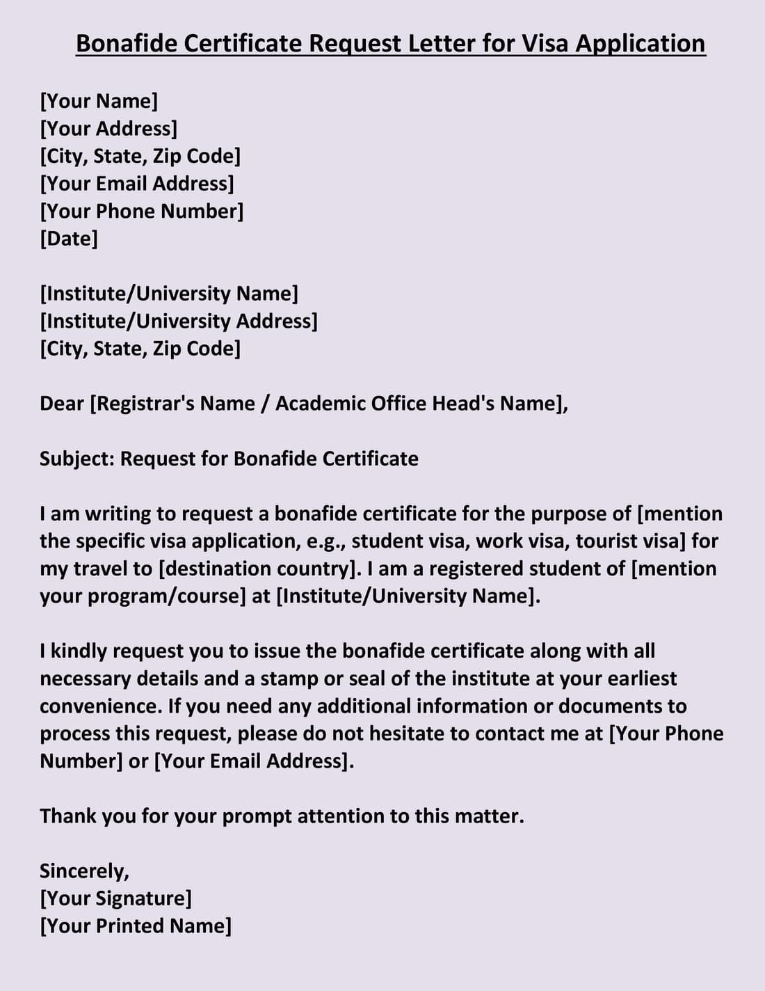 Bonafide Certificate Request Letter for Visa Application