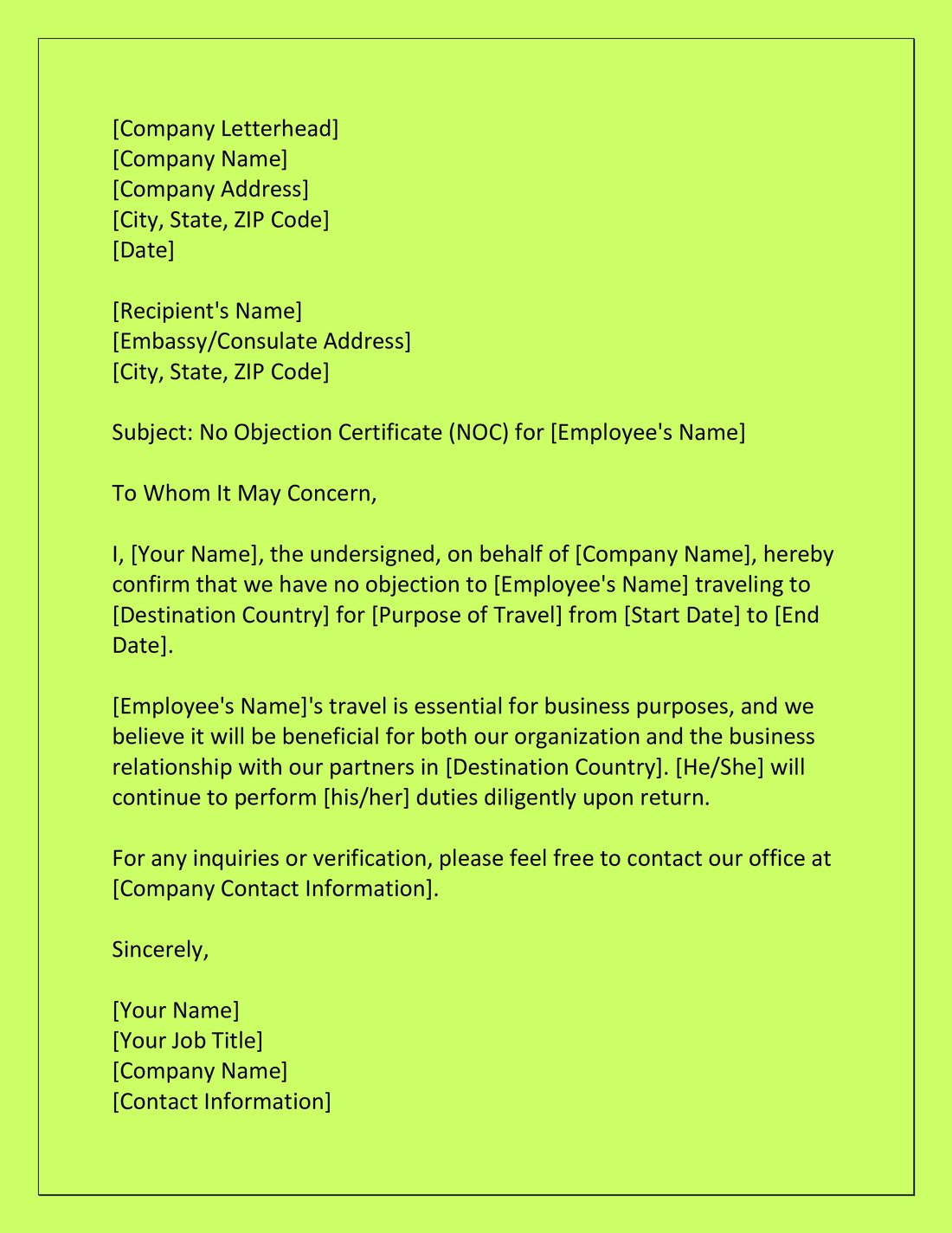 Company NOC Letter for Business Travel