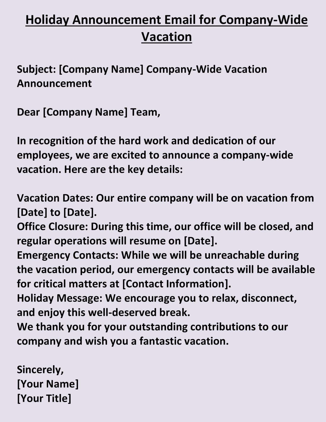 Holiday Announcement Email for Company-Wide Vacation
