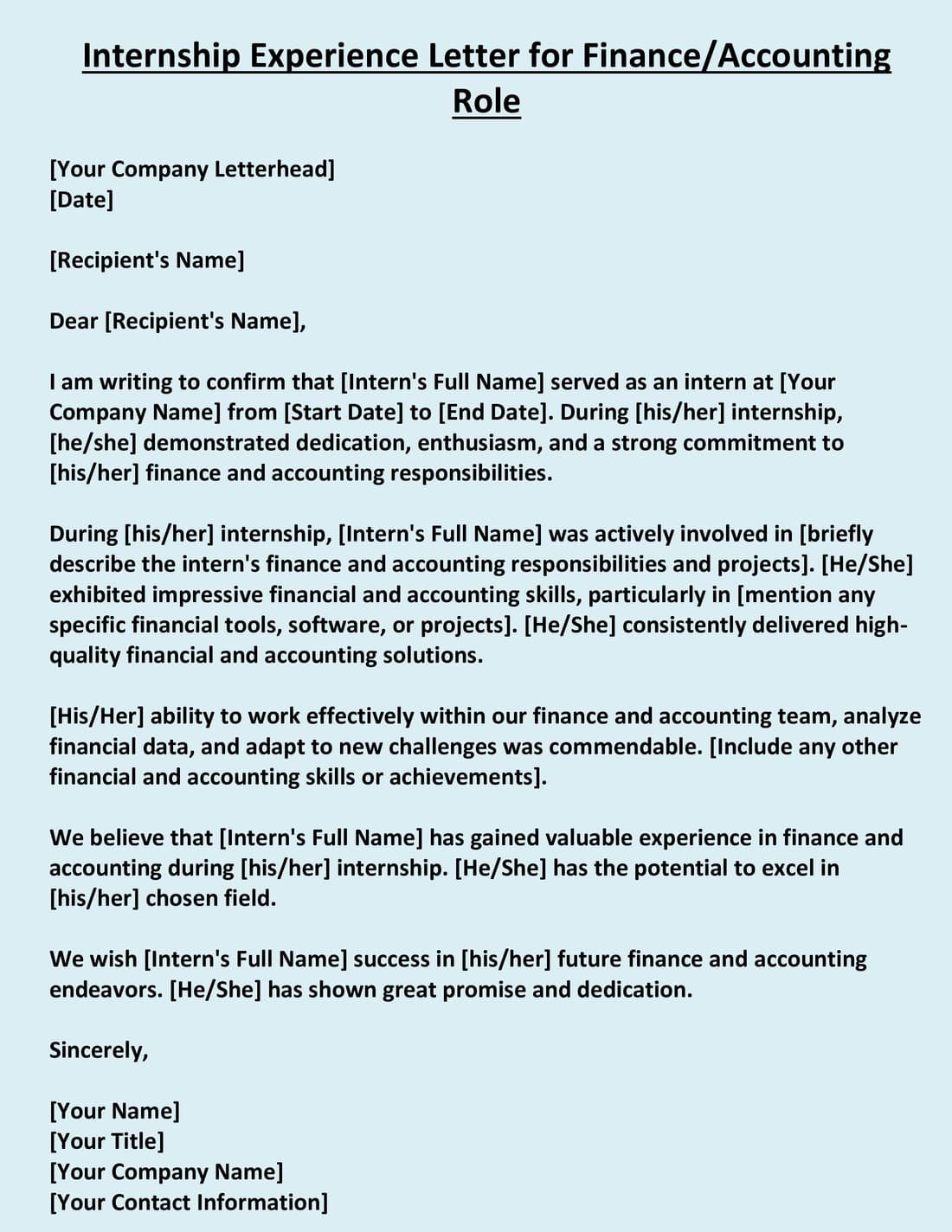 Internship Experience Letter for Finance Accounting Role