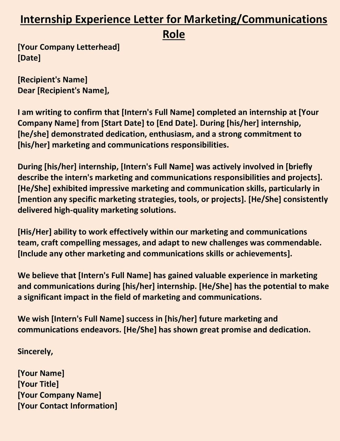 Internship Experience Letter for Marketing Communications Role