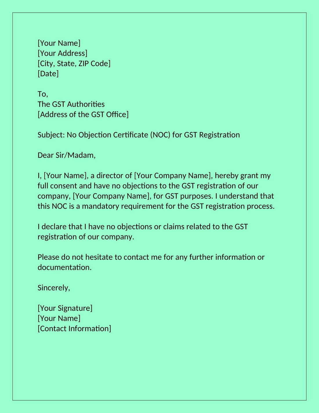 NOC Letter from Director for GST Registration (Company)