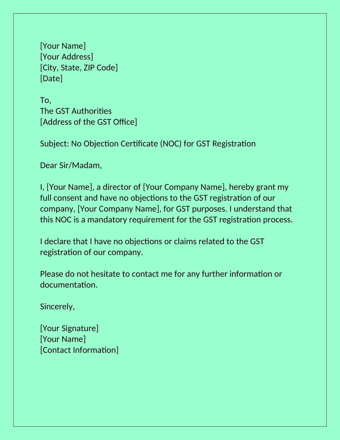 No Objection Certificate Noc Format For Company Registration ...