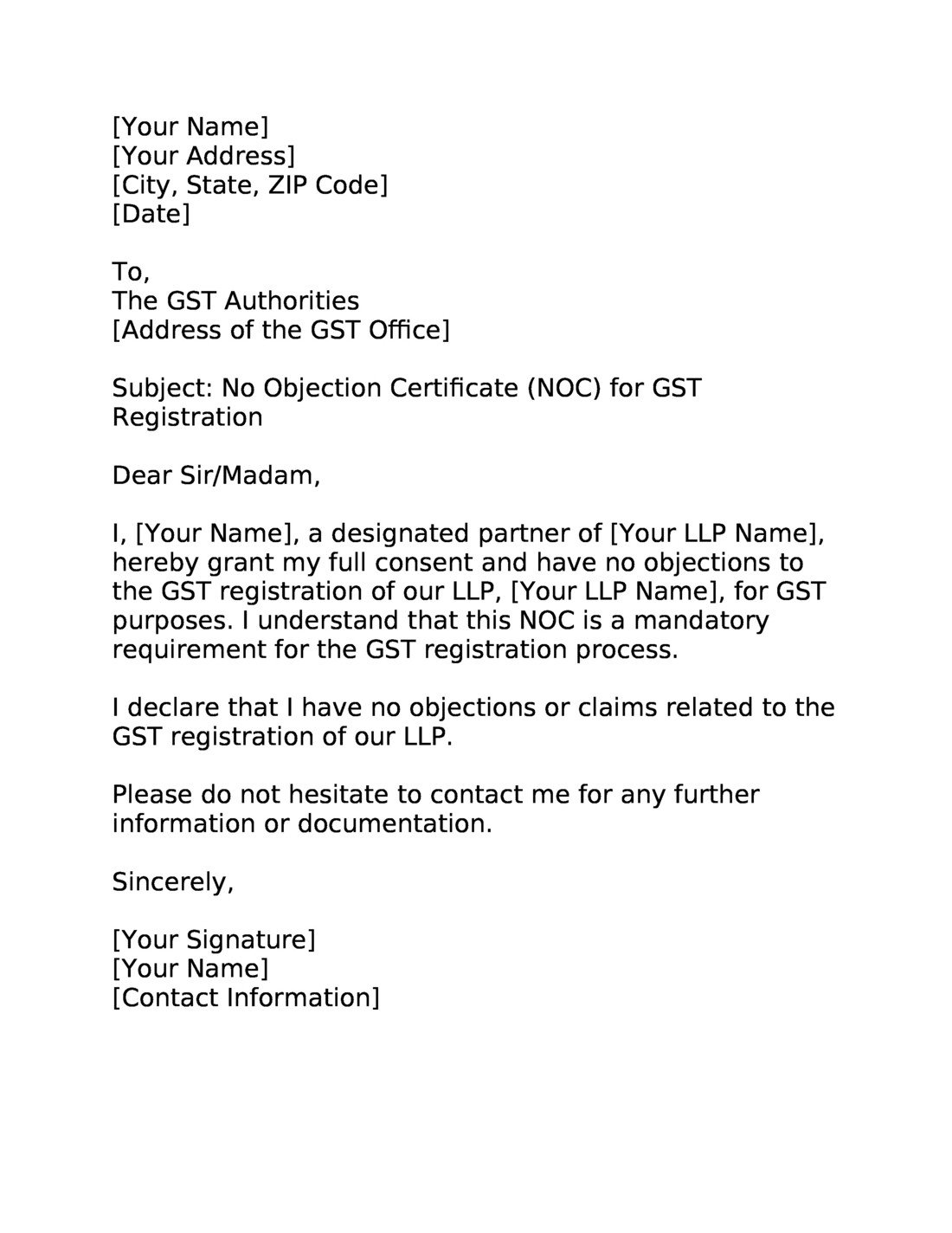 NOC Letter from Partner for GST Registration (LLP)