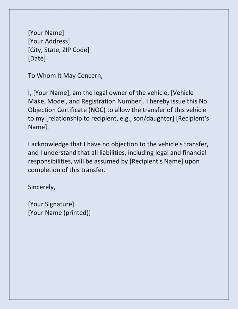 [Top-5] NOC Letter Format for Vehicle Transfer (Download in Word-.docx)