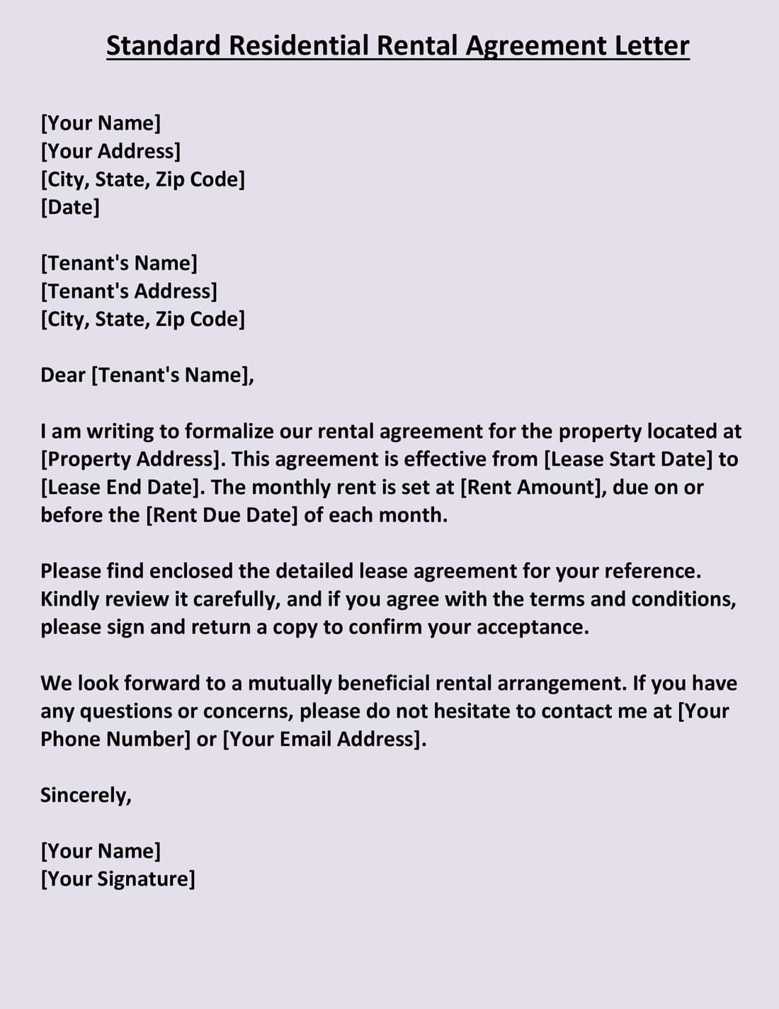 Standard Residential Rental Agreement Letter