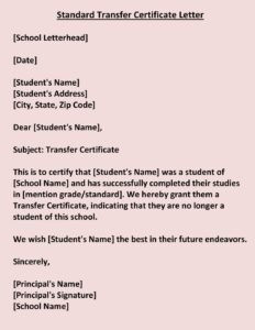 [Top-5] TC (Transfer Certificate) Letter Format to be issued to Student (Word)