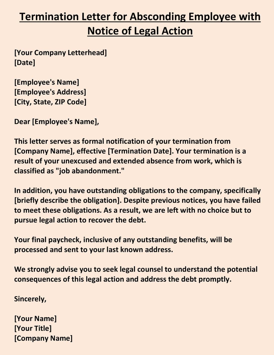 Termination Letter for Absconding Employee with Notice of Legal Action
