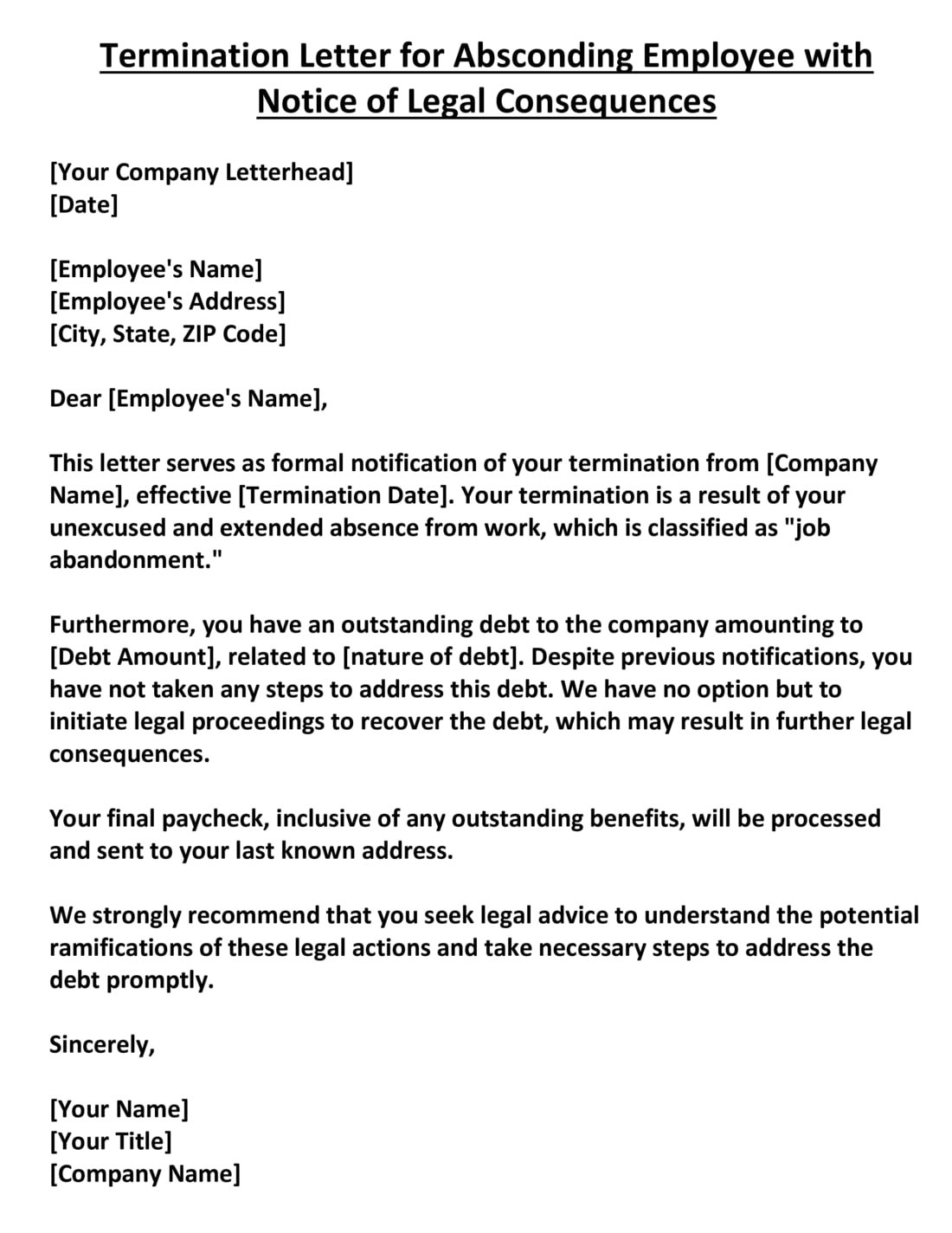Termination Letter for Absconding Employee with Notice of Legal Consequences