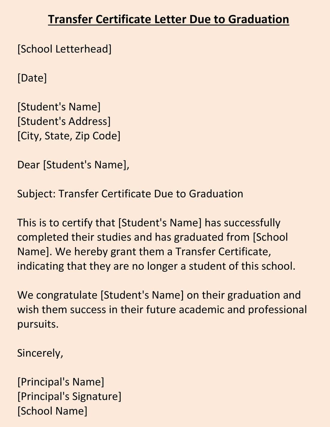 Transfer Certificate Letter Due to Graduation