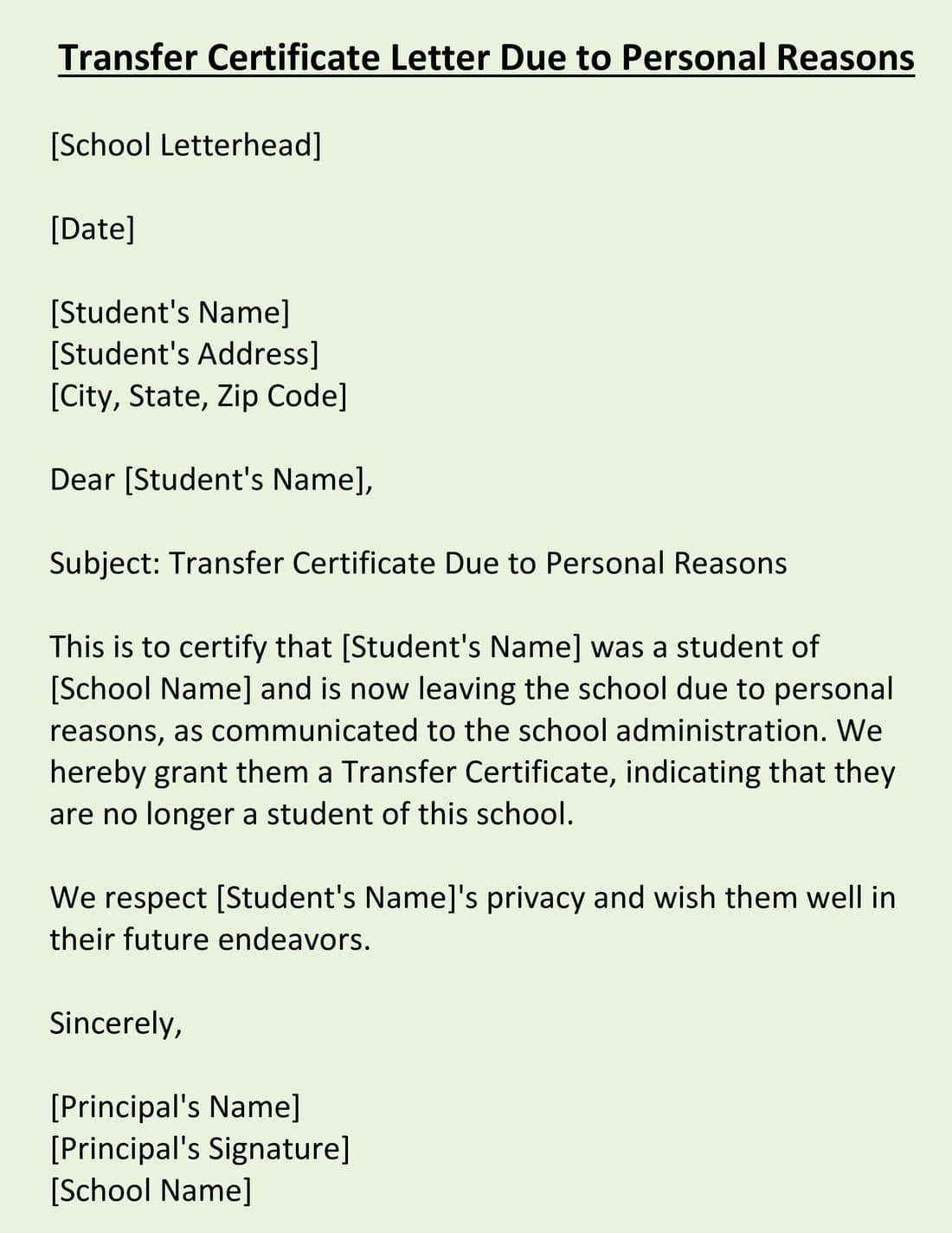 Transfer Certificate Letter Due to Personal Reasons