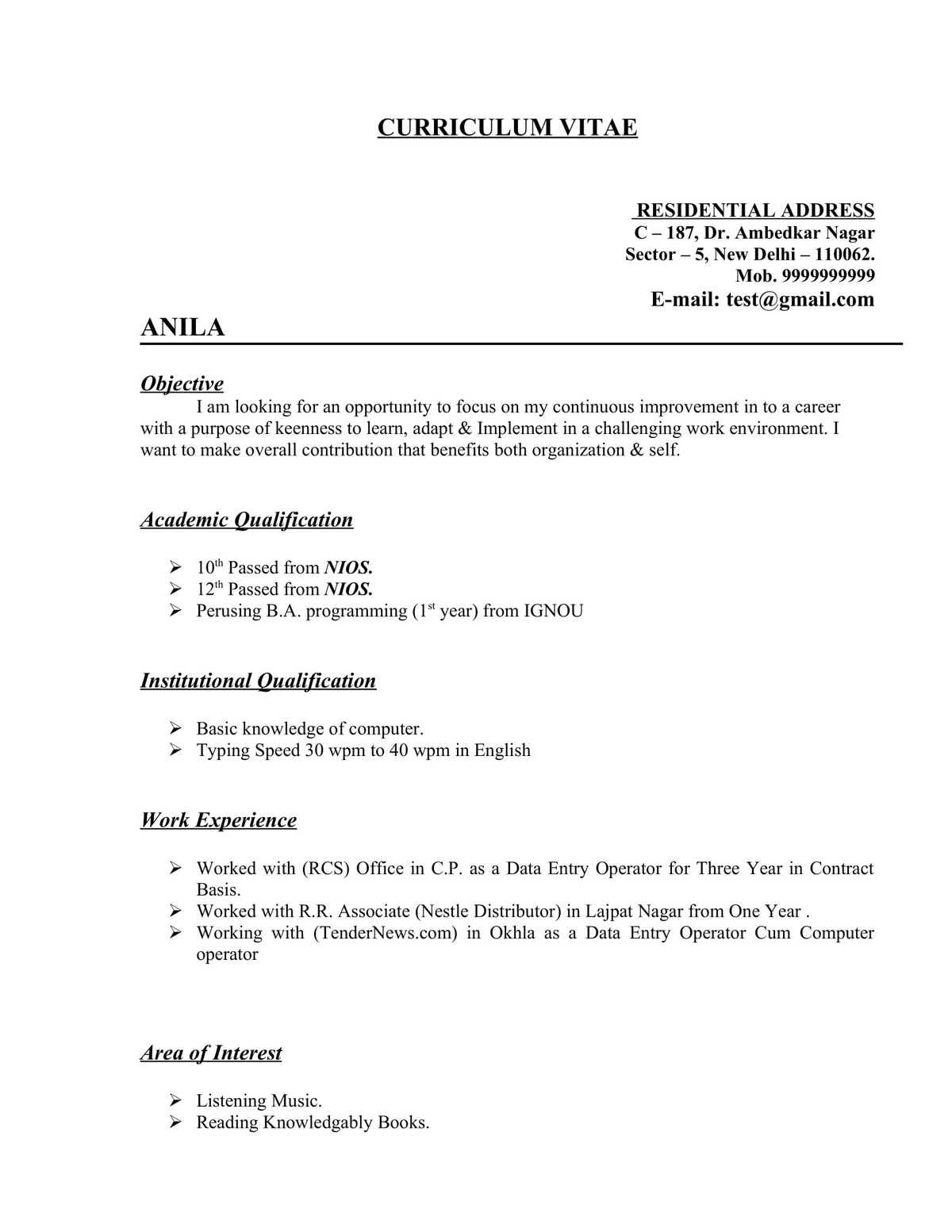 Data Entry Job BPO Resume CV Format