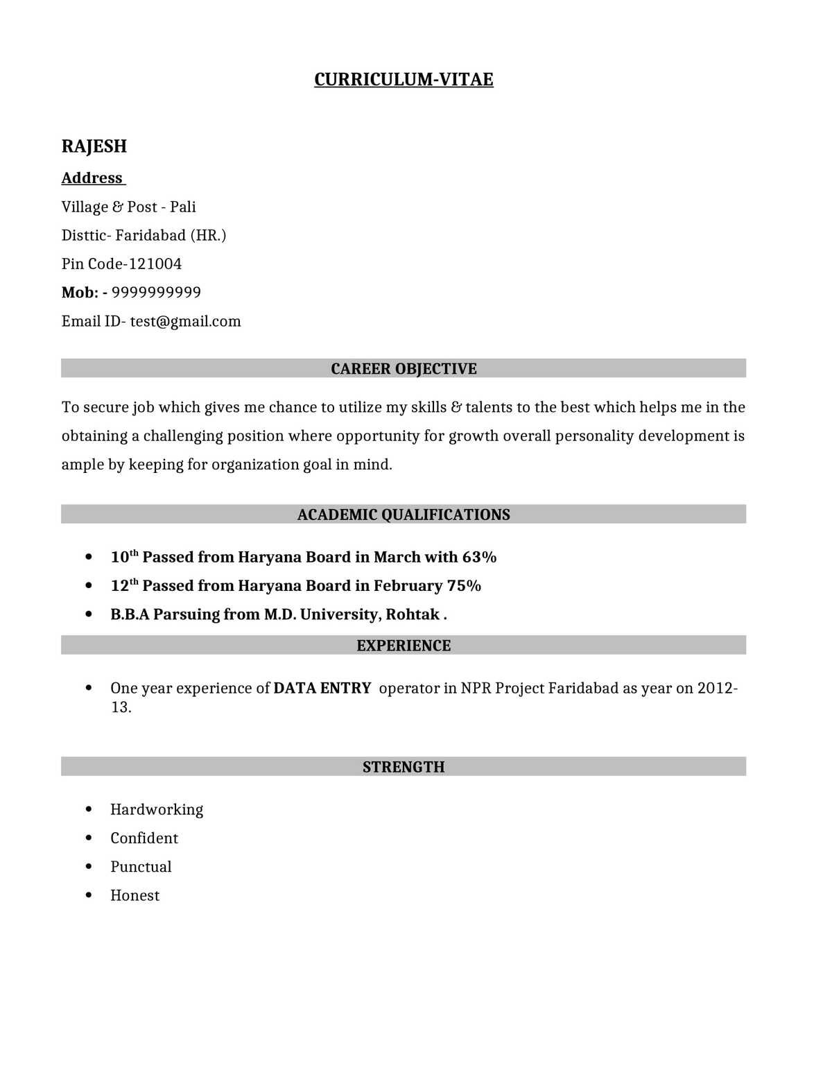 Data Entry Job, BPO Job Resume CV Format