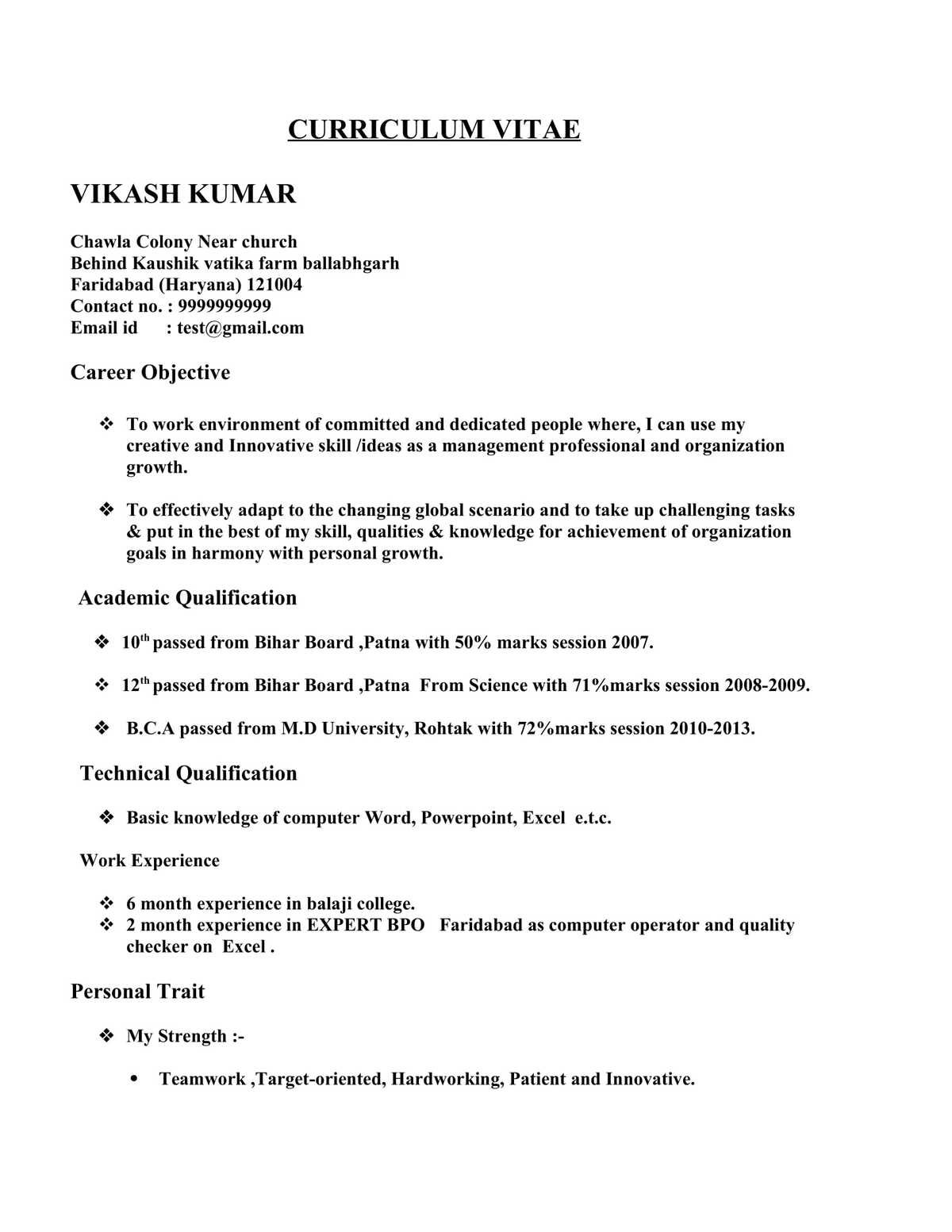 Data Entry Job, BPO Job Resume CV Format
