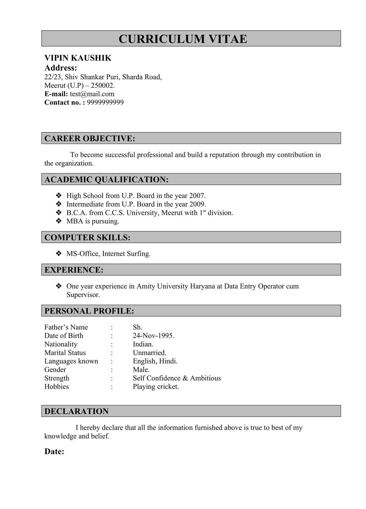 Data Entry Job, BPO Job Resume CV Format