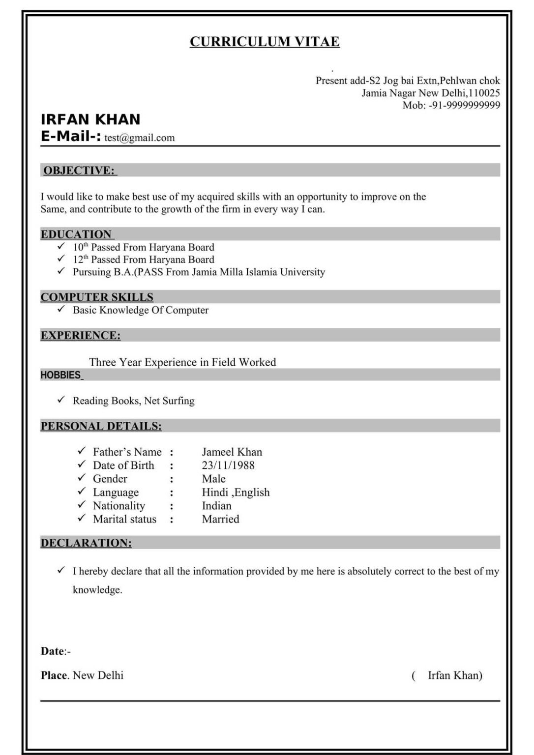 Indian Resume Format PDF (.docx & .pdf)
