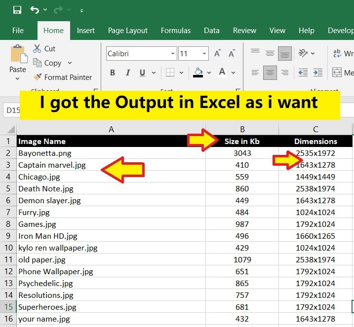 Image Name, Dimensions, Image Size in Excel by single click