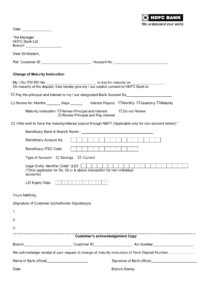 HDFC Bank Request Form for change of Maturity Instruction in PDF Download