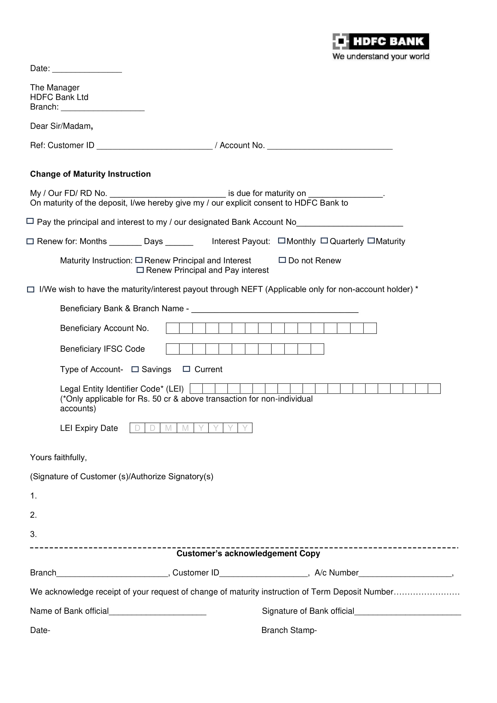 HDFC BANK Request for change of Maturity Instruction-1