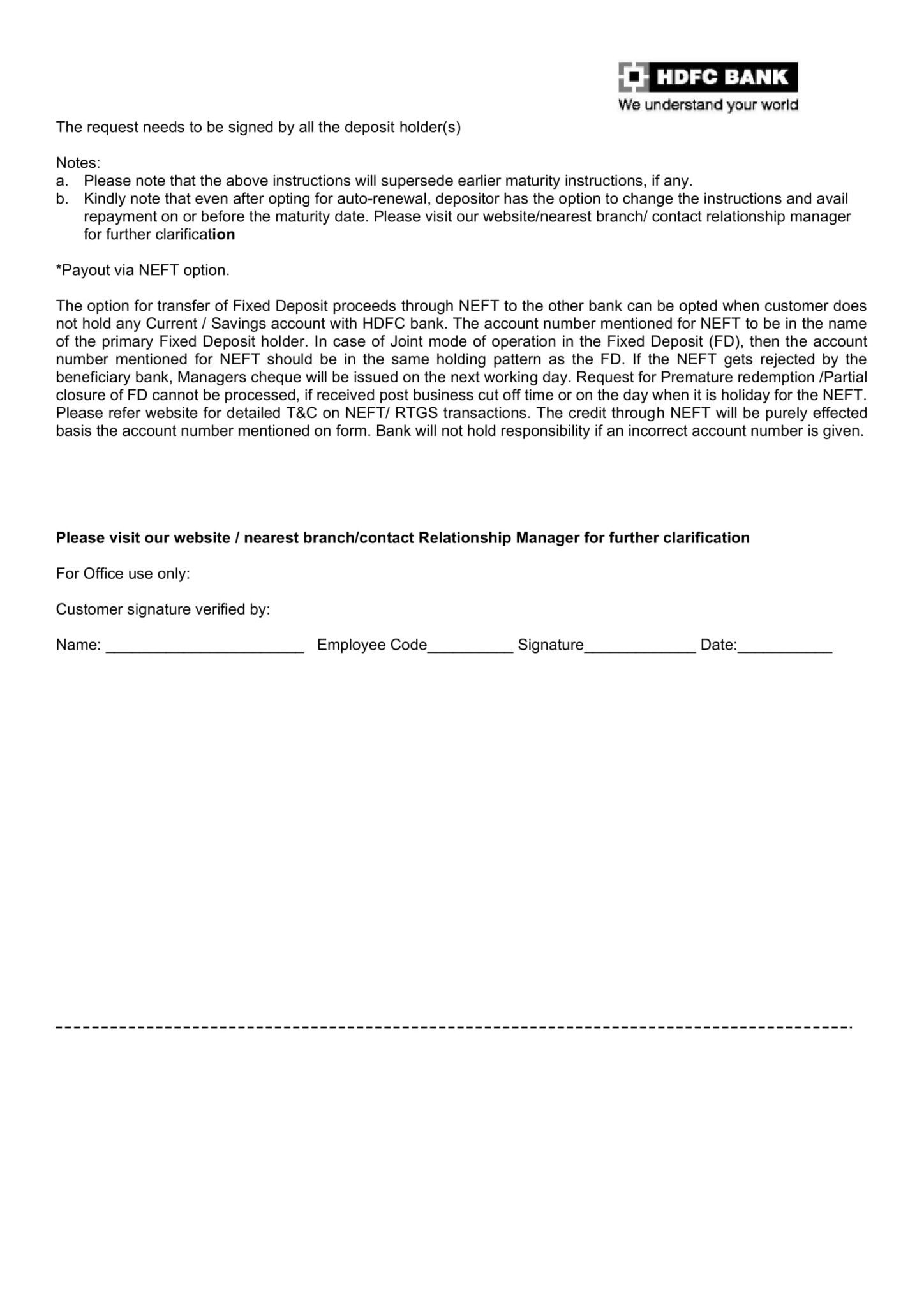 HDFC Bank Request Form for change of Maturity Instruction in PDF Download