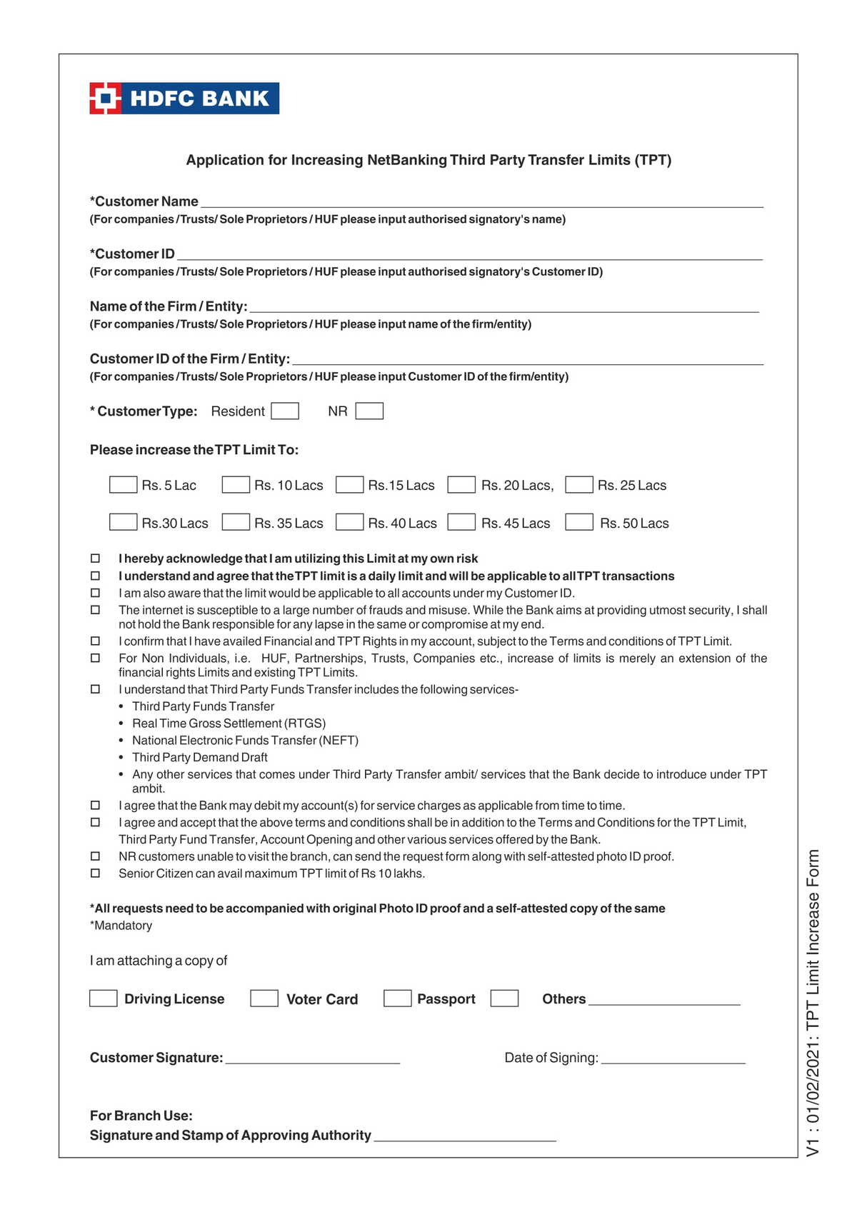 HDFC Bank Application Form for Increasing Net Banking Third Party Transfer Limits