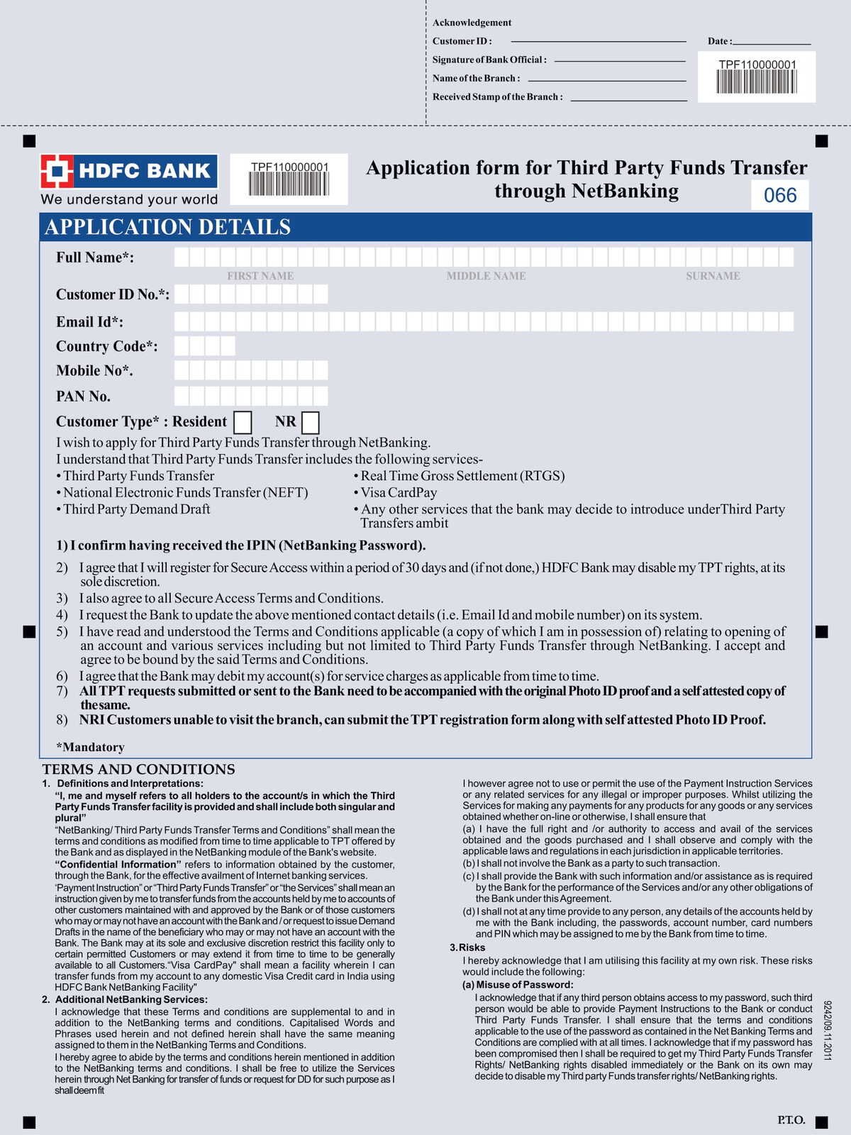 HDFC Bank Application Form for Third Party Funds Transfer through Net Banking-1