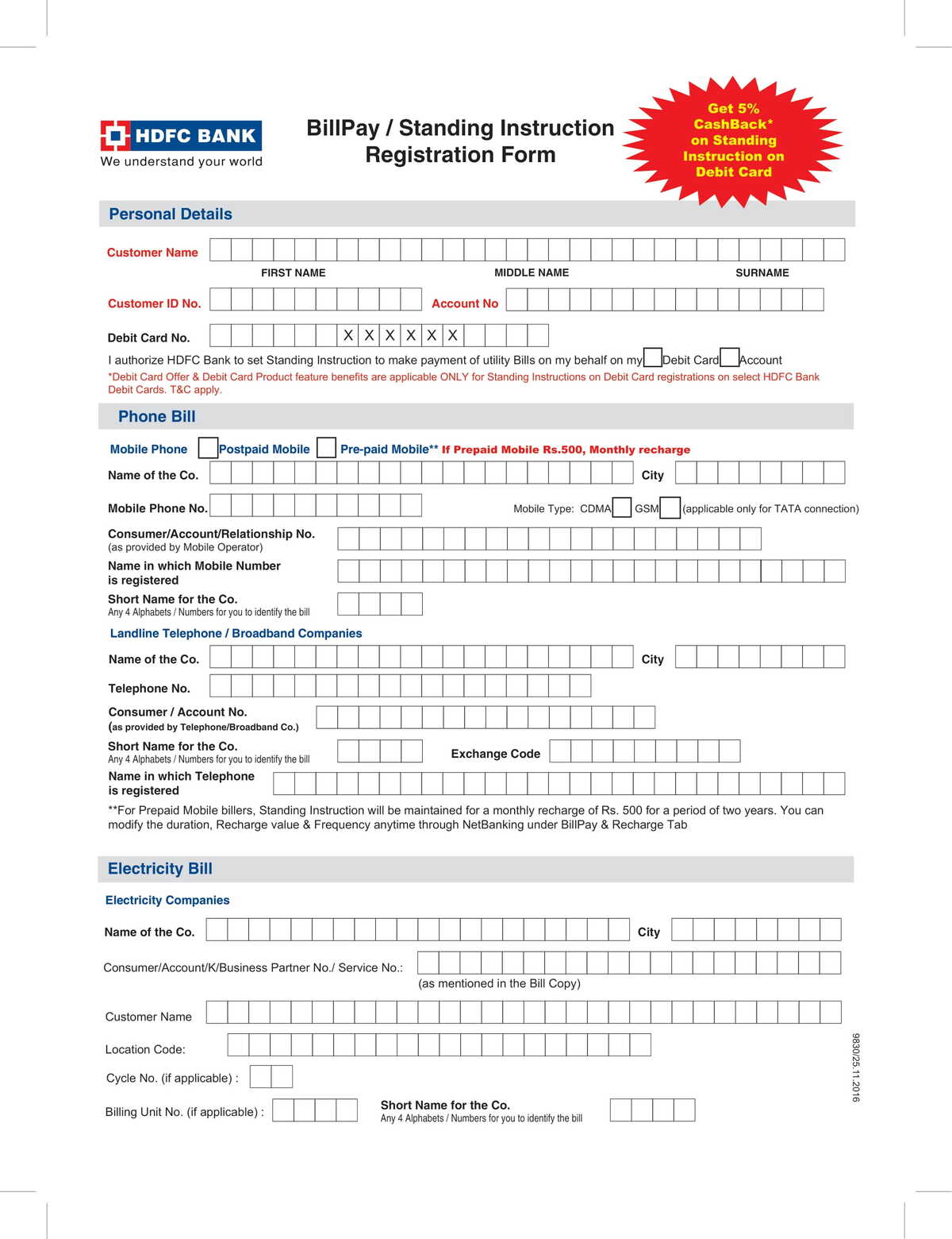 HDFC Bank Bill Pay - Standing Instruction Registration Form-1