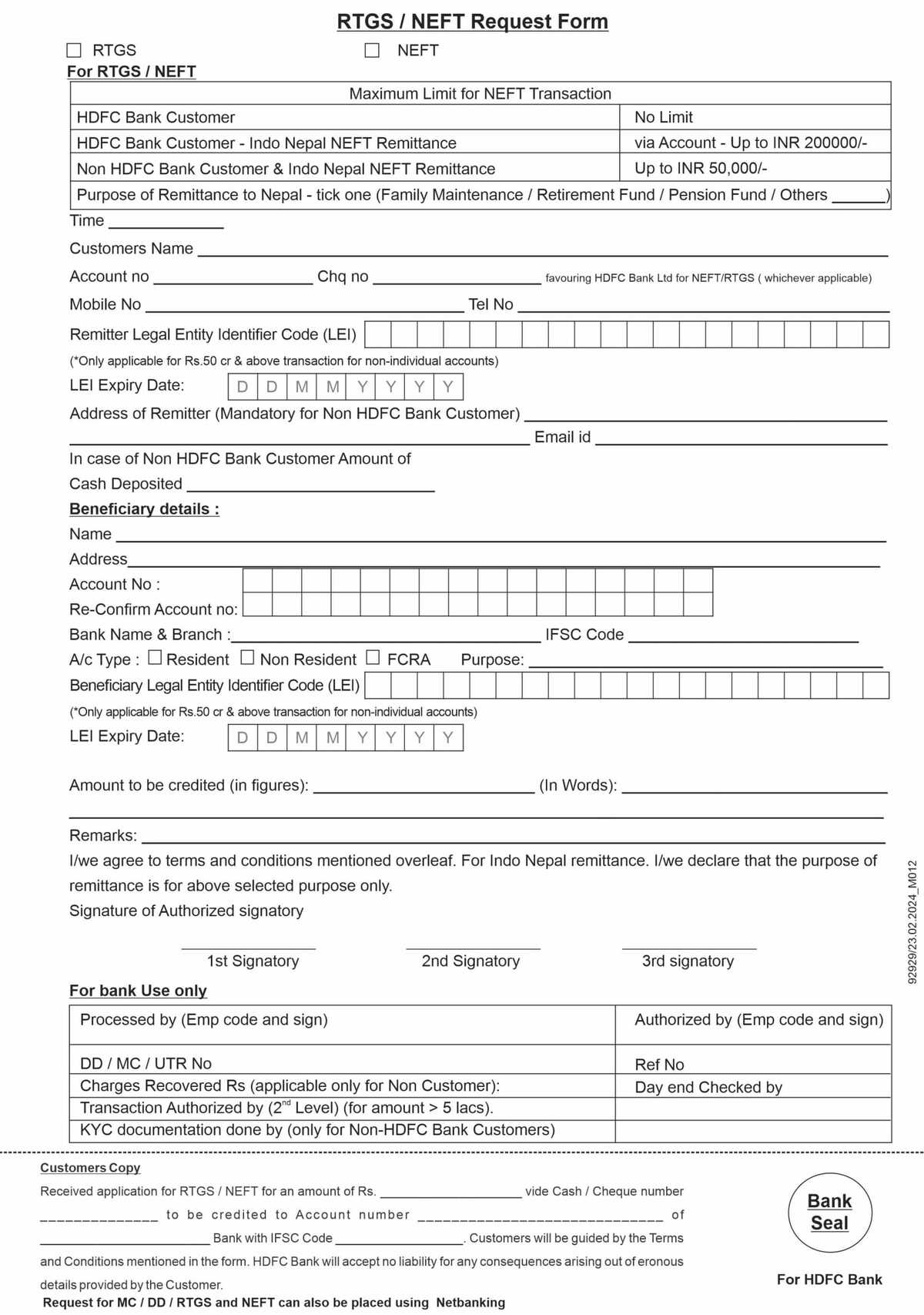 HDFC Bank DD/MC and RTGS-NEFT Application Form in PDF Download