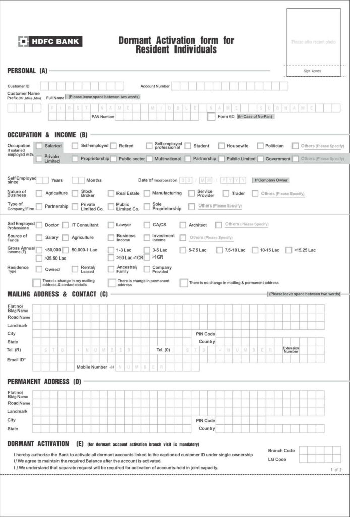 HDFC Bank Dormant Activation Form For Resident Individual in PDF Download