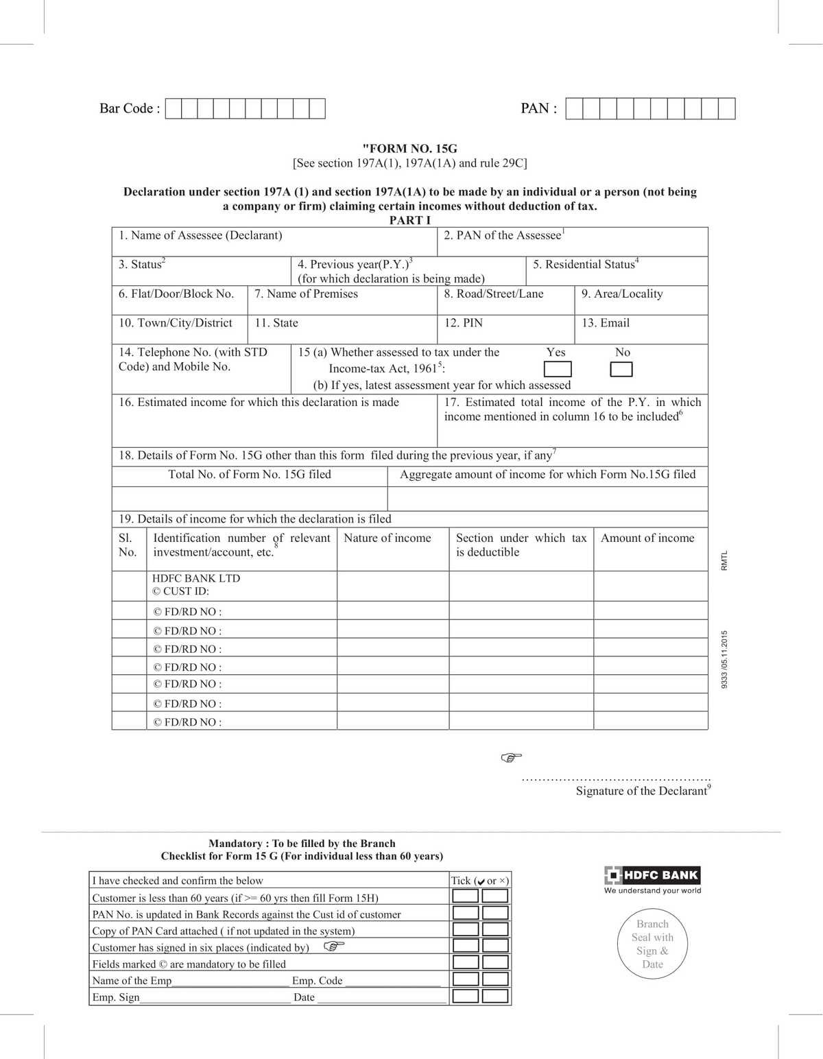 HDFC Bank FORM No. 15G In PDF Download