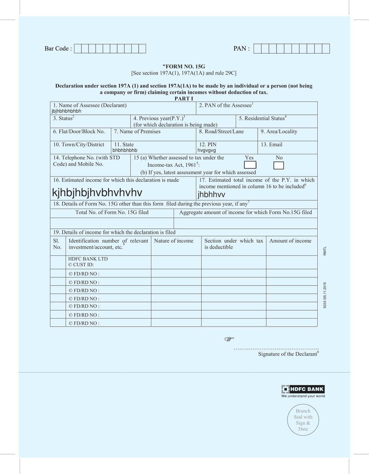 HDFC Bank FORM NO. 15G-3