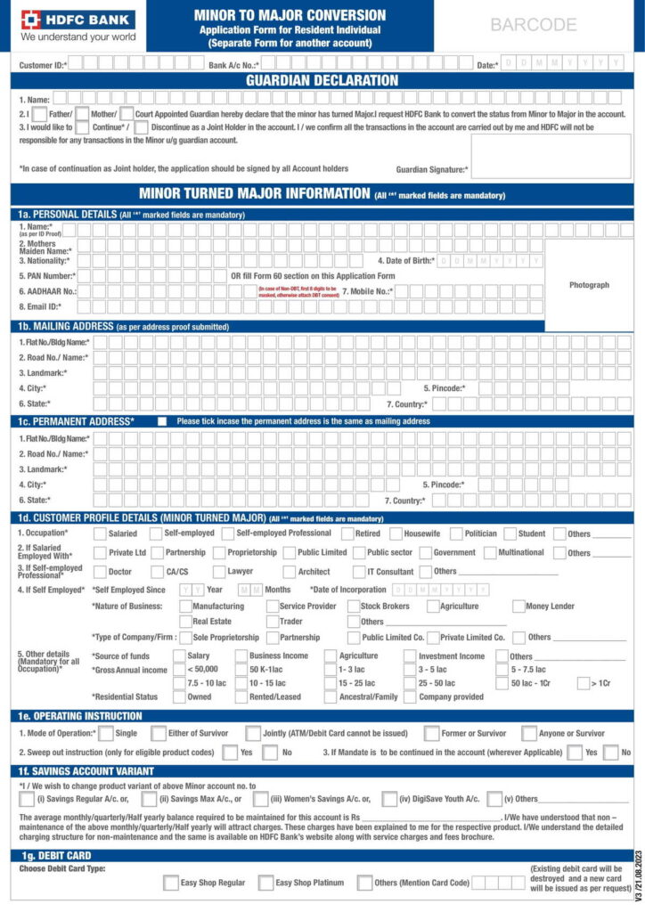 HDFC Bank MINOR TO MAJOR CONVERSION Application Form for Resident ...