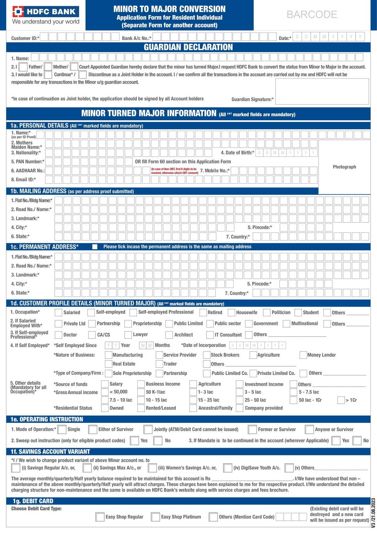 HDFC Bank MINOR TO MAJOR CONVERSION Application Form for Resident Individual (Separate Form for another account) in PDF Download-1