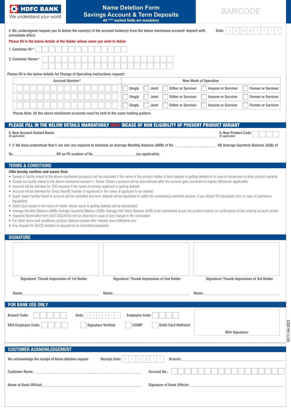 HDFC Bank Name Deletion Form Savings Account & Term Deposits in PDF Download-1