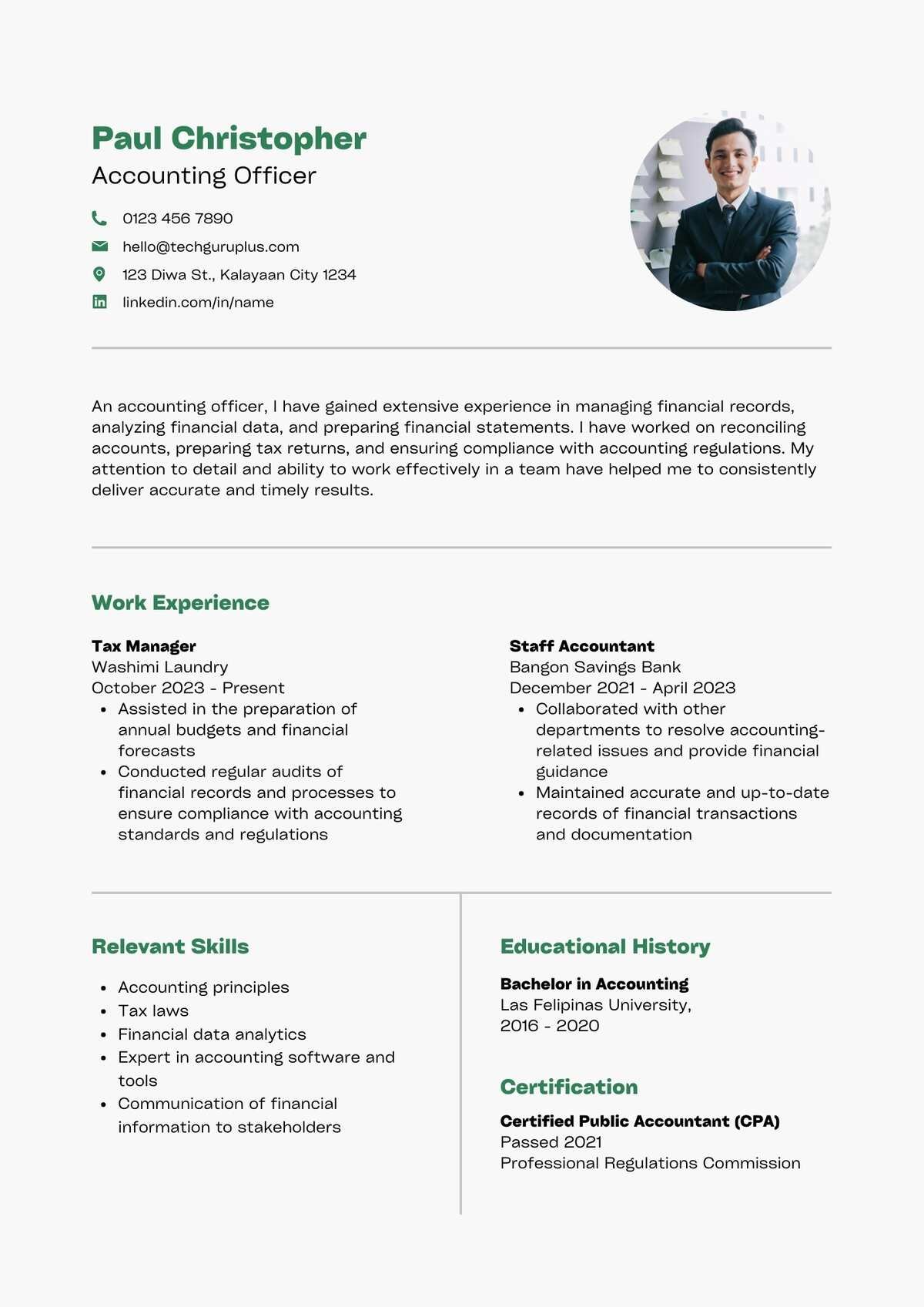 Accounting Officer Editable Resume Templates Download in Docx Format