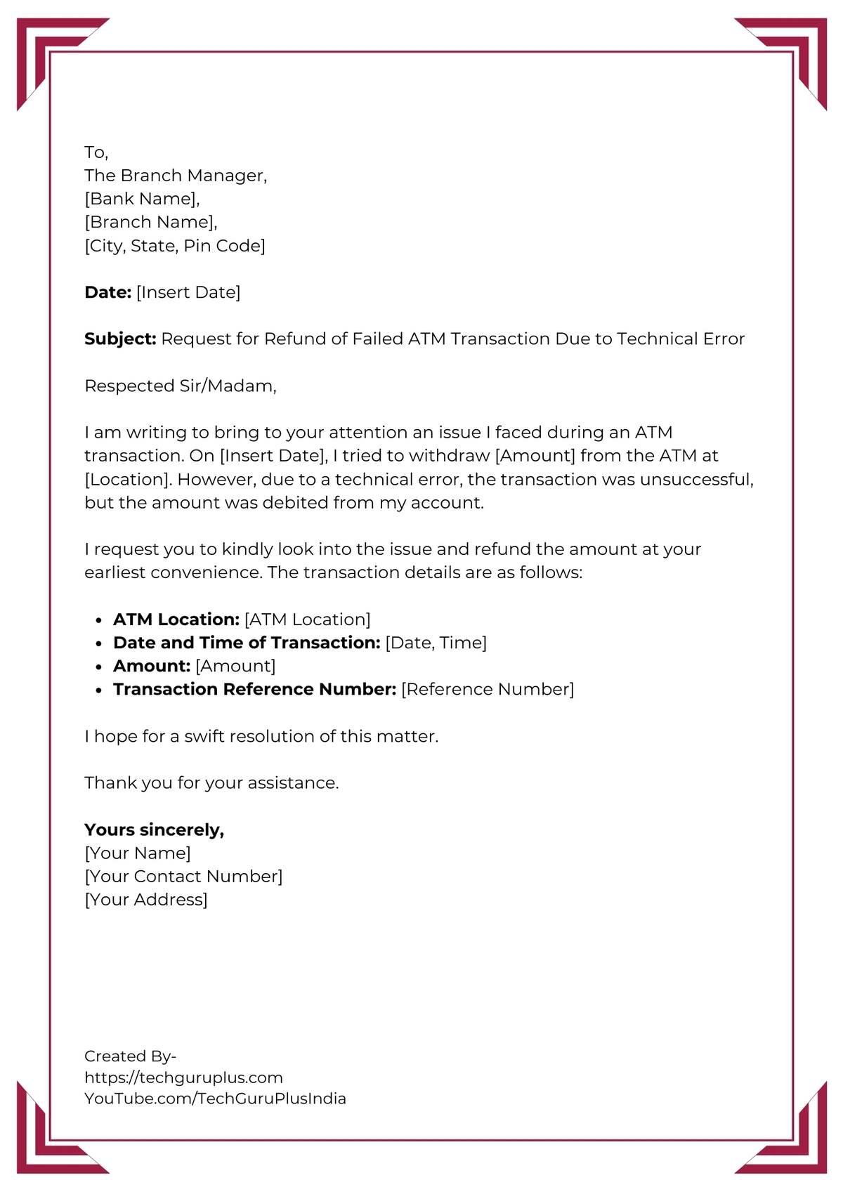 Application for Refund of Failed ATM Transaction Due to Technical Error