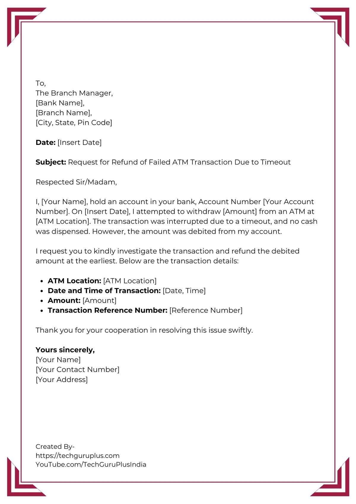 Application for Refund of Failed ATM Transaction Due to Timeout