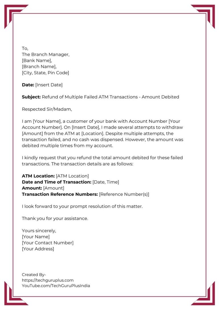 Application for Refund of Failed ATM Transaction from any Bank [5 Format]